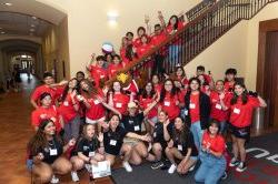 Photo of HSCI participants and peer mentors with Rocky the Red Hawk, the university mascot of 十大博彩推荐排名州立大学